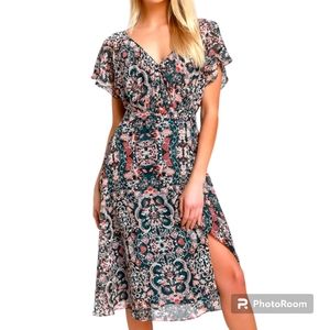 Lulu's Teal and Coral Paisley Midi Dress XS Charmed I’m Sure